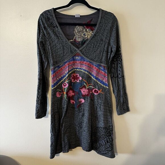Desigual Gray Graphic Y2K A Line Dress Floral Hummingbird Emb‎ Velvet Detail M - Picture 1 of 16